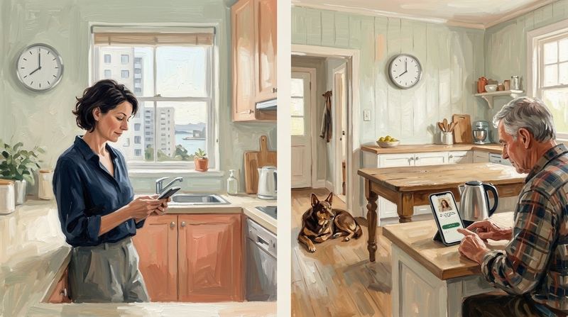 Painting: the same 8 am in two kitchens